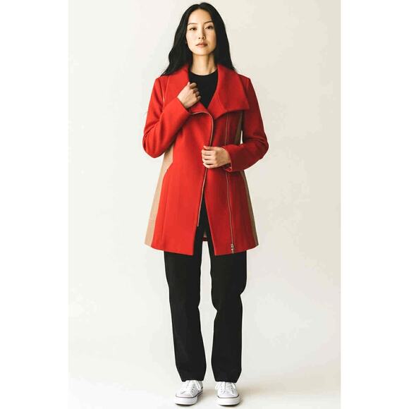 New Calvin Klein Colorblock Orange Tan Wool Coat Asymmetrical Zip Front Size 8 - Picture 2 of 9